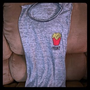 Large, flowy tank top “Fryday” in left corner